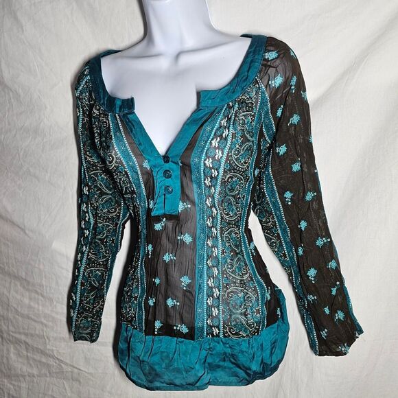 Vintage y2k boho blue brown indie 3/4 sleeve blouse - Picture 1 of 4